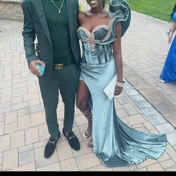Niulatu One Shoulder Sheath Green Long Prom Dresses Velvet Sleeveless Formal Dresses Green Evening Dresses HZ1026